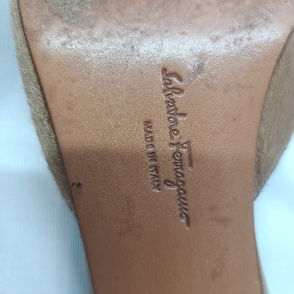 Salvatore Ferragamo Calf Hair Laser Cut Out Mules Kitten Heel Tan 5.5B Designer - Picture 10 of 10